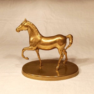 Antique Brass Horse Statue With Oval Pedestal, Vintage Brass Horse Figurine