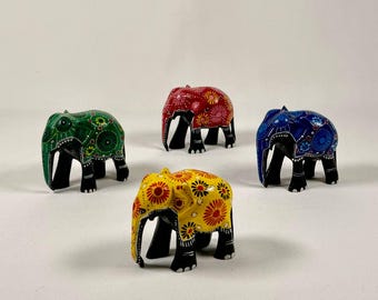Vintage Hand-Painted Wood Elephant Figurines, Set of 4