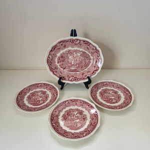 Mason Vista Ironstone Antique Off White Faience. Set of four large red and pink plates Made in England.