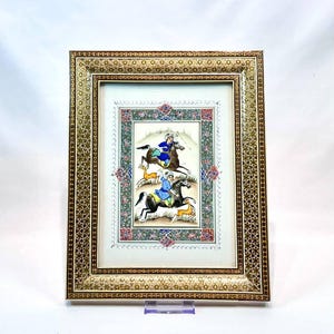 Oriental Indo Syrian Gouache Polo Game Painting Frame In Gilded Brass Micromosaic Marquetry