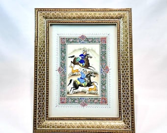 Oriental Indo Syrian Gouache Polo Game Painting Frame In Gilded Brass Micromosaic Marquetry