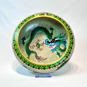 Large Antique Bronze Cloisonne Enamel Bowl with Dragons Wide Chinese Cloisonne Bowl