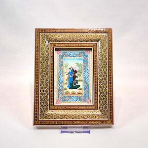 Vintage Persian Miniature Painting in Marquetry Khatam Frame Mughal Art Under Glass