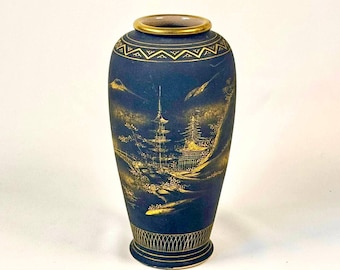Meiji Period Japanese Satsuma Signed Miniature Gold on Black Vase