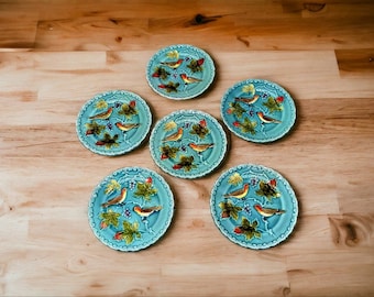 G S Zell Pottery Majolica Plate Birds and Berries in Turquoise Blue by Artist George Schmider Vintage Collectible Gift