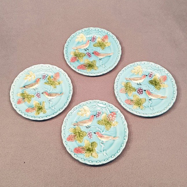 Vintage Majolica Bird Plate Set, G Zall Zeller Keramik, German Tin