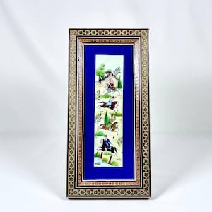 Oriental Indo Syrian Gouache Polo Game Painting Frame In Gilded Brass Micromosaic Marquetry