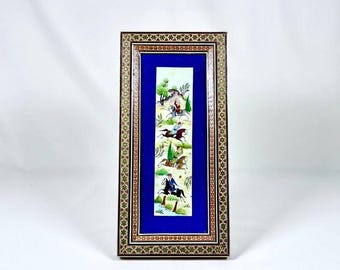 Oriental Indo Syrian Gouache Polo Game Painting Frame In Gilded Brass Micromosaic Marquetry