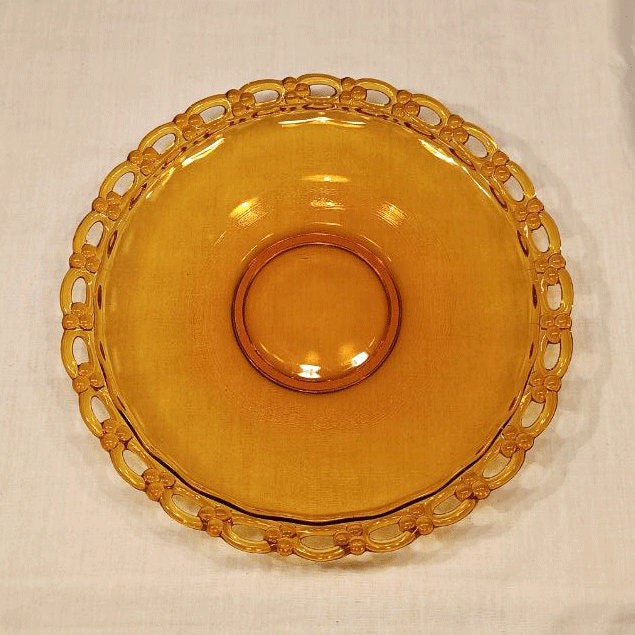 Antique Bohemian CZECH ArT DECO Josef Inwald Golden Amber Bead & Open Lace Glass TRAY c 1930 Large 15"!