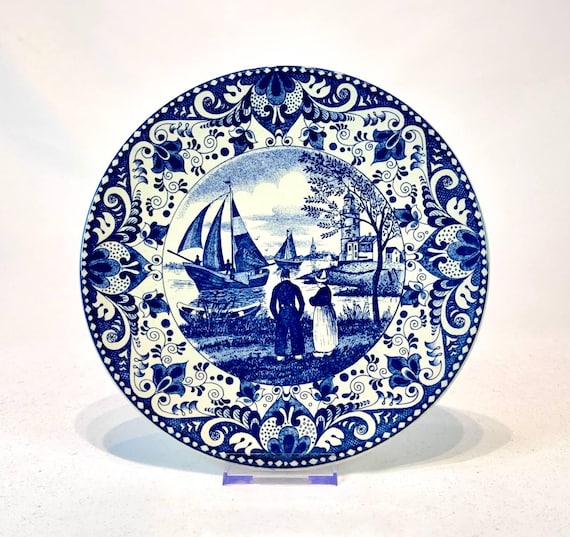 ヴィンテージ デルフト BLAUW オランダ 9 インチ 装飾プレート - 青と