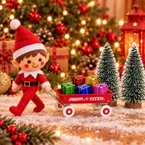 May include: A plush elf doll wearing a red suit and hat pulls a small red Radio Flyer wagon filled with four miniature wrapped gift boxes in green, red, gold, and blue, set against a backdrop of a decorated Christmas tree and lights.