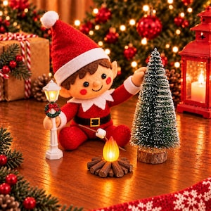 May include: A felt elf doll wearing a red hat and suit with a black belt, holding a miniature white lamp post. The elf sits beside a small green pine tree and a campfire with a marshmallow on a stick, featuring a glowing orange flame effect.