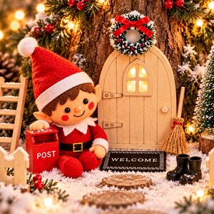 May include: A plush elf doll in a red suit and hat sits beside a miniature red mailbox labeled POST. Next to it is a small wooden door with a wreath, a welcome mat, a wooden ladder, a broom, black boots, and a miniature pine tree.