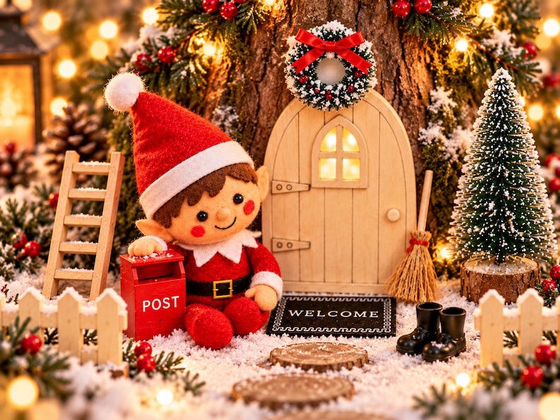 May include: A plush elf doll in a red suit and hat sits beside a miniature red mailbox labeled POST. Next to it is a small wooden door with a wreath, a welcome mat, a wooden ladder, a broom, black boots, and a miniature pine tree.