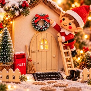 May include: A miniature Christmas scene featuring a small house with a wooden door, a wreath, and a welcome mat. An elf figurine in a red suit climbs a wooden ladder to hang the wreath. A red post box, a broom, and a small pine tree are present.