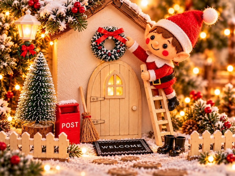 May include: A miniature Christmas scene featuring a small house with a wooden door, a wreath, and a welcome mat. An elf figurine in a red suit climbs a wooden ladder to hang the wreath. A red post box, a broom, and a small pine tree are present.