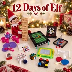 May include: A collection of miniature games and toys including a wooden block tower, a pool table, a dartboard, a ring toss, a drawing board, a bowling set, a Rubik's cube, a memory game, a ping pong set, a card deck, and a tea set with an elf doll.