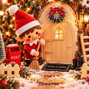 May include: A felt elf figurine in a red and white outfit sweeps with a broom in front of a miniature wooden door with a wreath. A red mailbox labeled POST, a small Christmas tree, a ladder, and a black WELCOME mat are arranged in the snow.