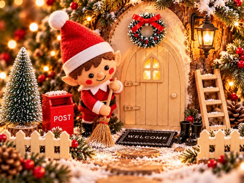 May include: A felt elf figurine in a red and white outfit sweeps with a broom in front of a miniature wooden door with a wreath. A red mailbox labeled POST, a small Christmas tree, a ladder, and a black WELCOME mat are arranged in the snow.