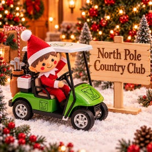 May include: A felt elf doll wearing a red and white hat sits in a bright green toy golf cart. The cart features a golf logo, a small white cooler, and a golf bag with clubs. A wooden sign nearby reads North Pole Country Club.