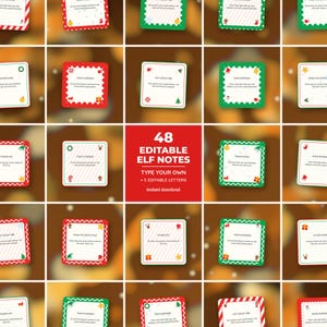 Puede incluir: Una colección de 48 notas de elfo cuadradas imprimibles con bordes festoneados rojos, verdes y blancos con iconos navideños como regalos, árboles y calcetines. El cuadrado central muestra el texto 48 EDITABLE ELF NOTES TYPE YOUR OWN + 5 EDITABLE LETTERS instant download.