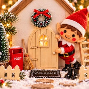 May include: A miniature wooden house with a light wood arched door, a small wreath with a red bow, a red post box labeled POST, a broom, a welcome mat, and a felt elf figurine wearing a red hat and suit standing by a wooden ladder.