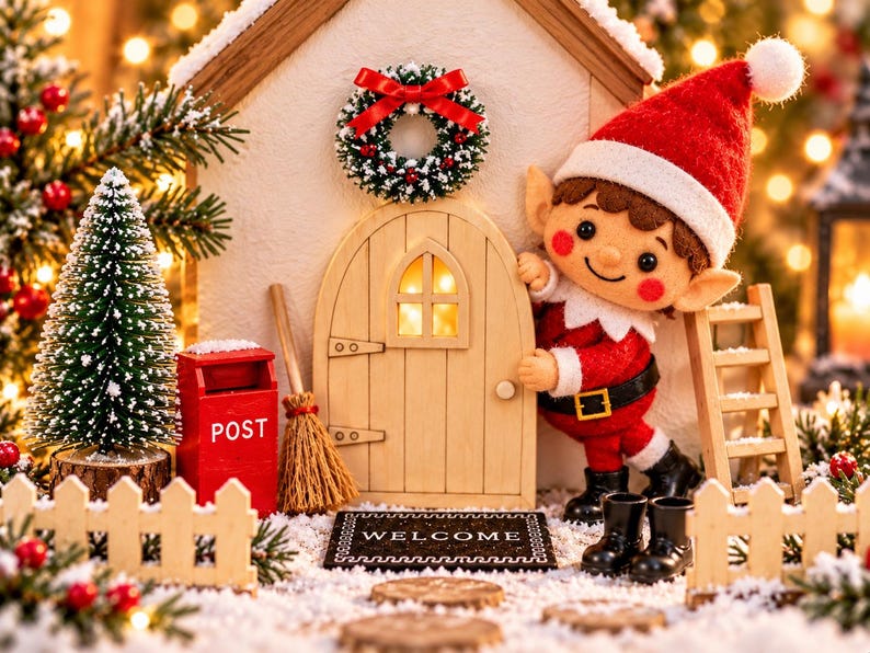May include: A miniature wooden house with a light wood arched door, a small wreath with a red bow, a red post box labeled POST, a broom, a welcome mat, and a felt elf figurine wearing a red hat and suit standing by a wooden ladder.