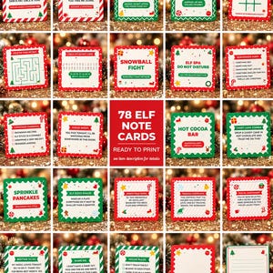 Könnte beinhalten: Eine Sammlung von 78 quadratischen Notizkarten zum Thema Weihnachten mit roten, grünen und weißen Designs, festlichen Illustrationen, Witzen, Aktivitäten und leeren Feldern zum Schreiben, angeordnet in einem Rasterlayout.