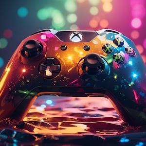 Puede incluir: Un mando de Xbox negro y dorado con salpicaduras de pintura de colores. El mando está sobre una superficie reflectante con un fondo borroso de luces de colores.