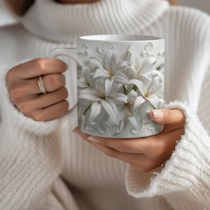 3D White Lilies Flowers Mug Wrap, 11oz And 15oz Mug Template, Flower Mug Sublimation Design, Mug Wrap Template, Instant Digital Download PNG