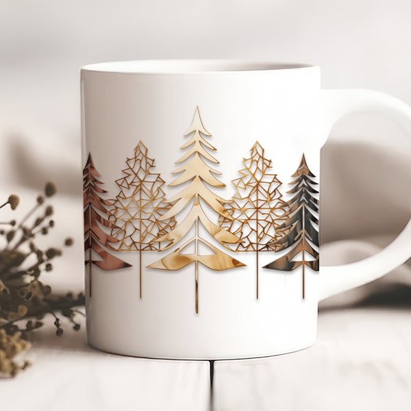 3D Rose Gold Christmas Tree Mug Wrap png, tree mug wrap, 11oz and 15oz mug template, Winter mug wrap, Instant Digital Download PNG