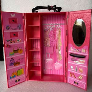 Pink Doll Carrying Case Wardrobe Closet For Barbies and Fashion Dolls - Empty