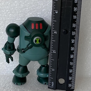 May include: A teal and dark green action figure of a robot-like character, approximately 10 cm tall. The figure has a round body, a head with three red rectangles, and a circular emblem. A black ruler is placed next to the figure.