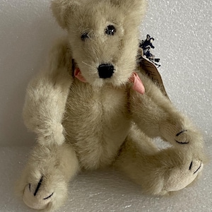 May include: A small, plush teddy bear in a seated position. The bear has light tan fur, black eyes, and a black nose. A pink ribbon is tied around its neck. Small blue and brown accents are visible on the bear's back.