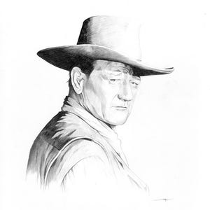 May include: A monochrome pencil drawing of a man in a cowboy hat, gazing towards the viewer. The artwork features detailed shading, creating depth and texture. The man is wearing a vest and a collared shirt.