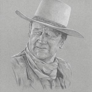 Peut inclure: Dessin au crayon d'un homme portant un chapeau de cowboy et une écharpe. Le portrait est en nuances de gris, avec des ombres détaillées sur le visage et le chapeau. L'homme regarde légèrement sur le côté, avec une expression pensive.