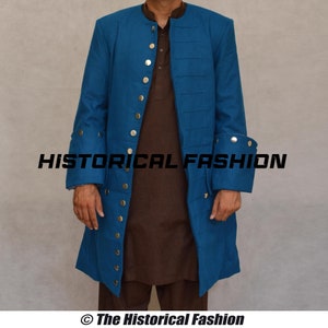 Men&#39;s Blue Wool 18th Century Frock Coat: Colonial Victorian Gentleman