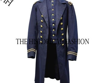 Men&#39;s Blue Wool Civil War Navy Frock Coat: 18th Century British Uniform