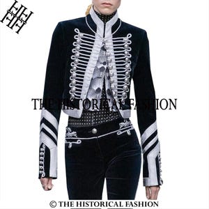 Women&#39;s Black Velvet Hussar Jacket: Silver Braid Military Style