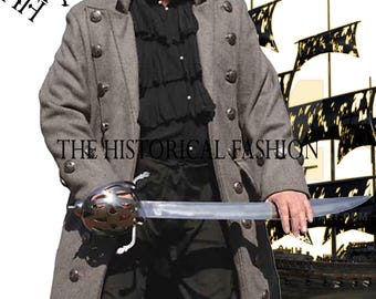 Men&#39;s Grey Wool Pirate Captain Coat - Historical Fashion