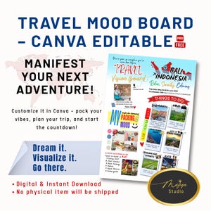 Modèle Canva de planificateur de voyage modifiable - Tableau d'humeur de voyage imprimable | Planificateur de voyage | Tableau Travel Vision | Humeur d'emballage
