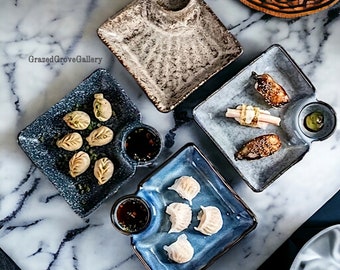 Japanese Ceramic Dumpling Plate with Sauce Pot | Dumpling Plate For Simple and Creative Sushi Dinners at Home, Kitchen, Restaurant, Hotel