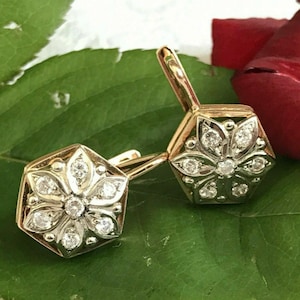 Antique Style Edwardian Floral Latch Back Earrings/ Round Cut White Diamond Art Deco Earrings/Two-Tone 935 Argentium Silver 1920's Earrings