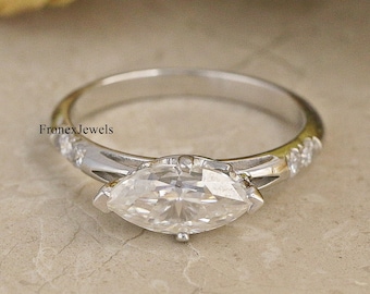 Anello da est a ovest/ Anello di fidanzamento in Moissanite incolore con taglio marquise da 1,5 CT/ Anello nuziale con cinque pietre/ Anello con taglio marquise in oro bianco massiccio 14K