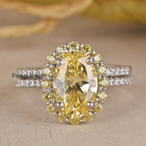 14K Gold Bridal Wedding Ring Sets/ 3 CT Canary Yellow Oval Cut Diamond Engagement Ring/ Halo Solitaire With Accent Ring Sets/ Matching Band