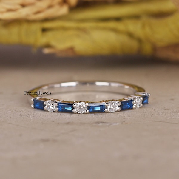 Dot-Dash Ring/ Half Eternity Ring/ Blue Sapphire Baguette Cut Diamond Engagement Ring/ East To West Ring/ Wedding Ring In 14K White Gold