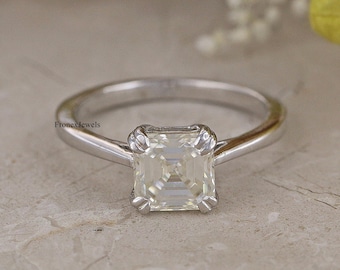 Asscher Cut Solitaire Engagement Ring/ 2.00 CT Asscher Cut Colorless Moissanite Engagement Ring/ Asscher Cut Wedding Ring In 14K White Gold