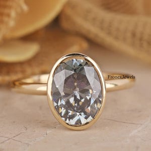 Gray Moissanite Wedding Ring, 3.00 CT Oval Cut Moissanite Engagement Ring, Bezel Set Ring in 14K Yellow Gold, Solitaire Gray Diamond Ring