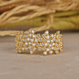Cluster Half Eternity Ring/ Bezel Set Ring/ Round Colorless Moissanite Engagement Ring/ Stacking Wedding Ring In 14K Solid Yellow Gold