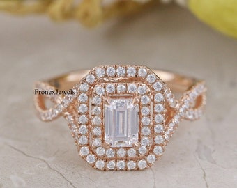 Double Halo Moissanite Ring/ Emerald Cut Colorless Moissanite Engagement Ring/ Split-Shank Wedding Ring/ Emerald Cut 14K Rose Gold Ring